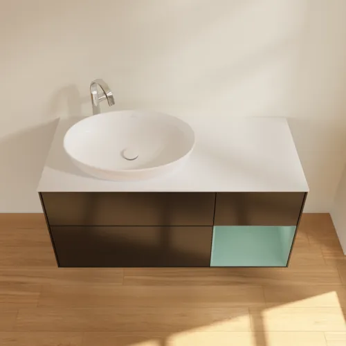 Bild von VILLEROY BOCH Finion Waschbeckenunterschrank, mit Beleuchtung, 3 Auszüge, 1200 x 603 x 501 mm, Black Matt Lacquer / Olive Matt Lacquer / Glass White Matt #F931GMPD