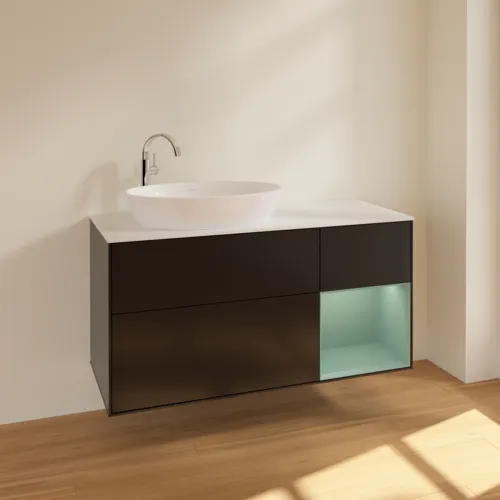 Bild von VILLEROY BOCH Finion Waschbeckenunterschrank, mit Beleuchtung, 3 Auszüge, 1200 x 603 x 501 mm, Black Matt Lacquer / Olive Matt Lacquer / Glass White Matt #F931GMPD