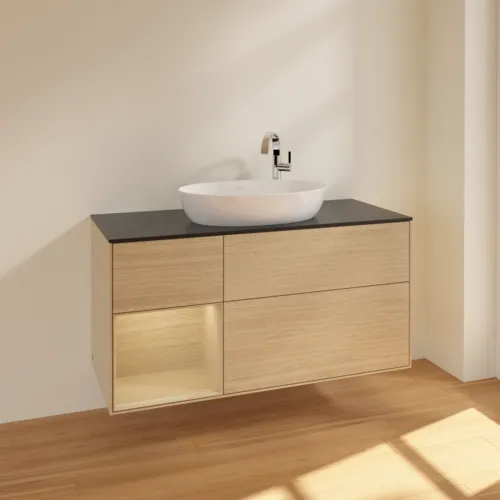 Bild von VILLEROY BOCH Finion Waschbeckenunterschrank, mit Beleuchtung, 3 Auszüge, 1200 x 603 x 501 mm, Oak Veneer / Oak Veneer / Glass Black Matt #F942PCPC
