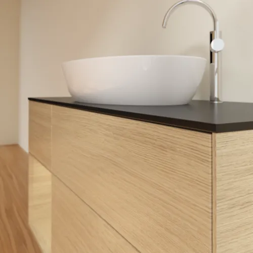 Bild von VILLEROY BOCH Finion Waschbeckenunterschrank, mit Beleuchtung, 3 Auszüge, 1200 x 603 x 501 mm, Oak Veneer / Oak Veneer / Glass Black Matt #F942PCPC