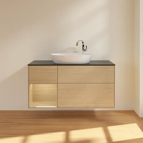 Bild von VILLEROY BOCH Finion Waschbeckenunterschrank, mit Beleuchtung, 3 Auszüge, 1200 x 603 x 501 mm, Oak Veneer / Oak Veneer / Glass Black Matt #F942PCPC