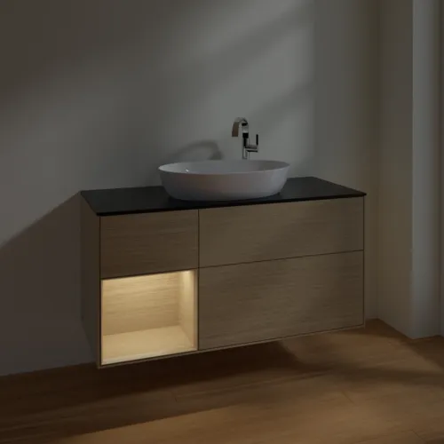 Bild von VILLEROY BOCH Finion Waschbeckenunterschrank, mit Beleuchtung, 3 Auszüge, 1200 x 603 x 501 mm, Oak Veneer / Oak Veneer / Glass Black Matt #F942PCPC
