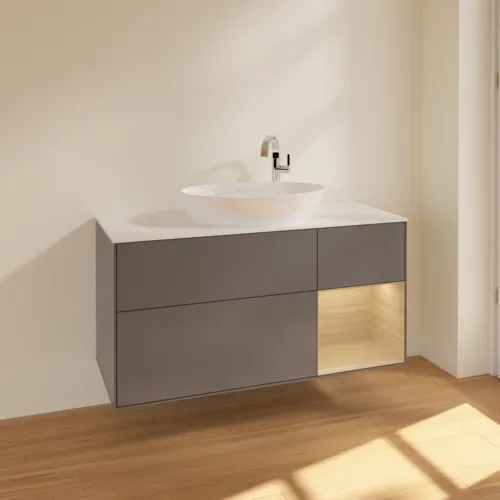 VILLEROY BOCH Finion Waschbeckenunterschrank, mit Beleuchtung, 3 Auszüge, 1200 x 603 x 501 mm, Anthracite Matt Lacquer / Oak Veneer / Glass White Matt #F951PCGK, Bild 2
