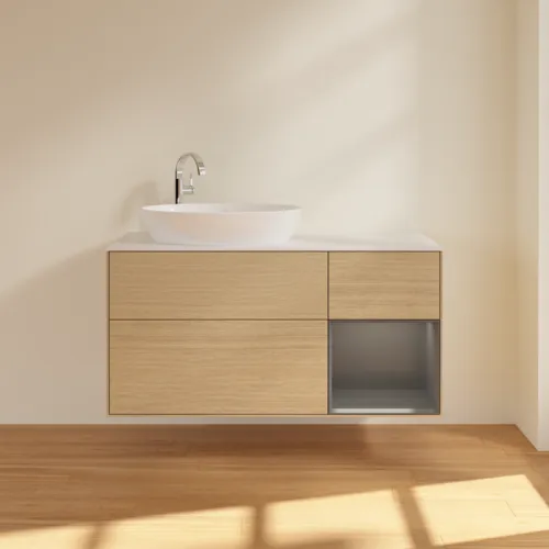 VILLEROY BOCH Finion Waschbeckenunterschrank, mit Beleuchtung, 3 Auszüge, 1200 x 603 x 501 mm, Oak Veneer / Anthracite Matt Lacquer / Glass White Matt #F931GKPC, Bild 3
