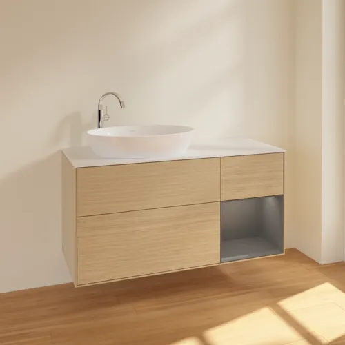 VILLEROY BOCH Finion Waschbeckenunterschrank, mit Beleuchtung, 3 Auszüge, 1200 x 603 x 501 mm, Oak Veneer / Anthracite Matt Lacquer / Glass White Matt #F931GKPC, Bild 2