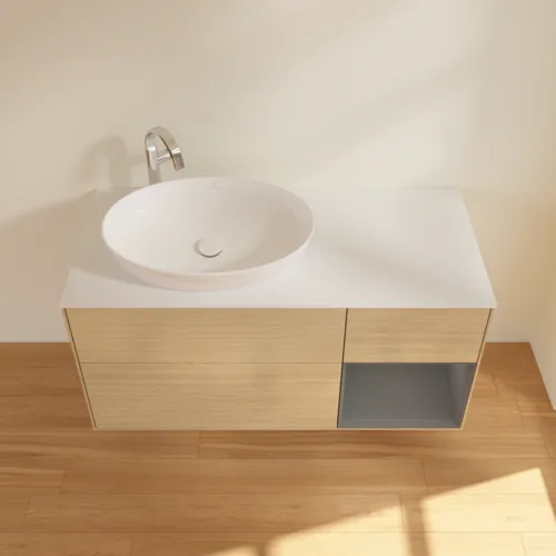 VILLEROY BOCH Finion Waschbeckenunterschrank, mit Beleuchtung, 3 Auszüge, 1200 x 603 x 501 mm, Oak Veneer / Anthracite Matt Lacquer / Glass White Matt #F931GKPC, Bild 4