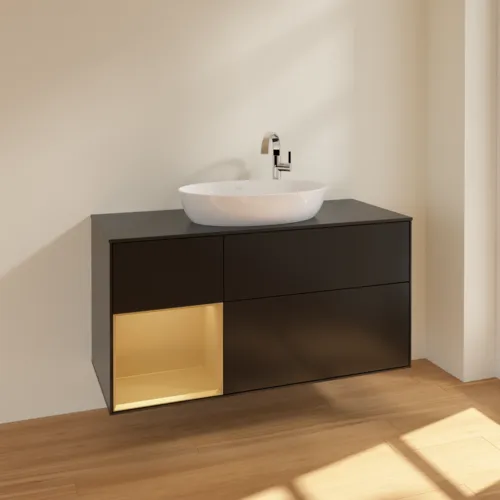 Bild von VILLEROY BOCH Finion Waschbeckenunterschrank, mit Beleuchtung, 3 Auszüge, 1200 x 603 x 501 mm, Black Matt Lacquer / Gold Matt Lacquer / Glass Black Matt #F942HFPD