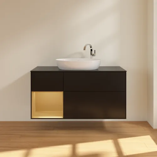 Bild von VILLEROY BOCH Finion Waschbeckenunterschrank, mit Beleuchtung, 3 Auszüge, 1200 x 603 x 501 mm, Black Matt Lacquer / Gold Matt Lacquer / Glass Black Matt #F942HFPD