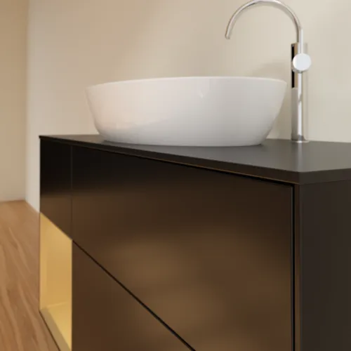 Bild von VILLEROY BOCH Finion Waschbeckenunterschrank, mit Beleuchtung, 3 Auszüge, 1200 x 603 x 501 mm, Black Matt Lacquer / Gold Matt Lacquer / Glass Black Matt #F942HFPD