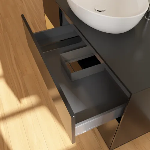 Bild von VILLEROY BOCH Finion Waschbeckenunterschrank, mit Beleuchtung, 3 Auszüge, 1200 x 603 x 501 mm, Black Matt Lacquer / Gold Matt Lacquer / Glass Black Matt #F942HFPD