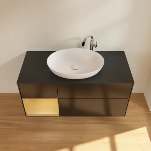 Bild von VILLEROY BOCH Finion Waschbeckenunterschrank, mit Beleuchtung, 3 Auszüge, 1200 x 603 x 501 mm, Black Matt Lacquer / Gold Matt Lacquer / Glass Black Matt #F942HFPD