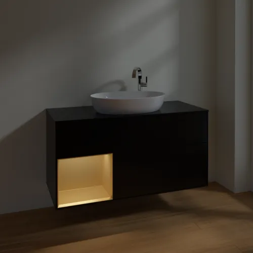 Bild von VILLEROY BOCH Finion Waschbeckenunterschrank, mit Beleuchtung, 3 Auszüge, 1200 x 603 x 501 mm, Black Matt Lacquer / Gold Matt Lacquer / Glass Black Matt #F942HFPD