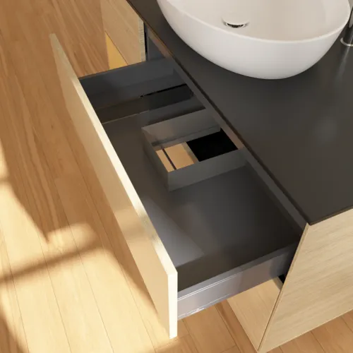 VILLEROY BOCH Finion Waschbeckenunterschrank, mit Beleuchtung, 3 Auszüge, 1200 x 603 x 501 mm, Oak Veneer / Gold Matt Lacquer / Glass Black Matt #F942HFPC, Bild 8