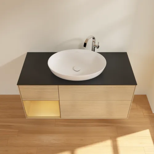 VILLEROY BOCH Finion Waschbeckenunterschrank, mit Beleuchtung, 3 Auszüge, 1200 x 603 x 501 mm, Oak Veneer / Gold Matt Lacquer / Glass Black Matt #F942HFPC, Bild 4