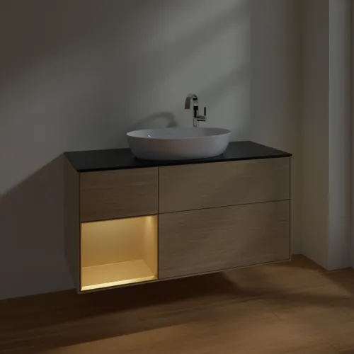 VILLEROY BOCH Finion Waschbeckenunterschrank, mit Beleuchtung, 3 Auszüge, 1200 x 603 x 501 mm, Oak Veneer / Gold Matt Lacquer / Glass Black Matt #F942HFPC, Bild 5