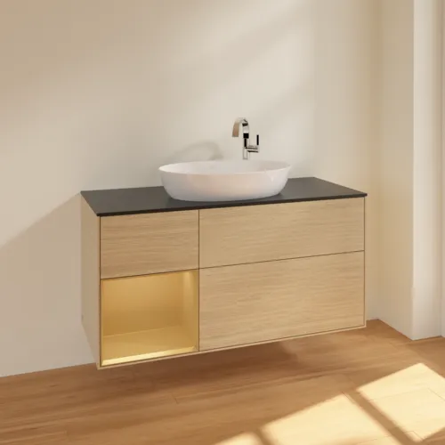 VILLEROY BOCH Finion Waschbeckenunterschrank, mit Beleuchtung, 3 Auszüge, 1200 x 603 x 501 mm, Oak Veneer / Gold Matt Lacquer / Glass Black Matt #F942HFPC, Bild 2