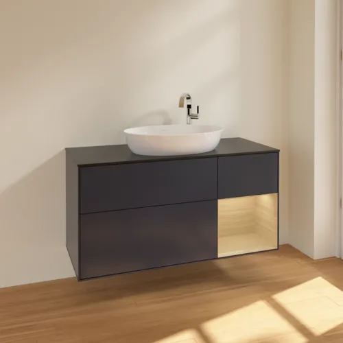 Bild von VILLEROY BOCH Finion Waschbeckenunterschrank, mit Beleuchtung, 3 Auszüge, 1200 x 603 x 501 mm, Midnight Blue Matt Lacquer / Oak Veneer / Glass Black Matt #F952PCHG