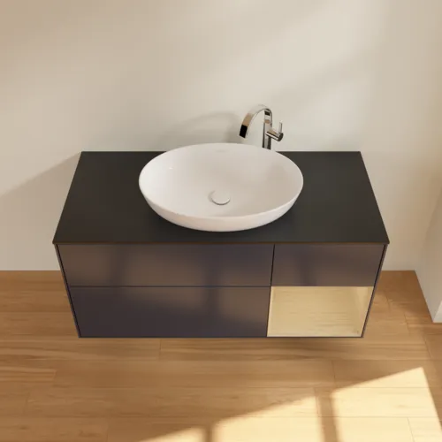 Bild von VILLEROY BOCH Finion Waschbeckenunterschrank, mit Beleuchtung, 3 Auszüge, 1200 x 603 x 501 mm, Midnight Blue Matt Lacquer / Oak Veneer / Glass Black Matt #F952PCHG