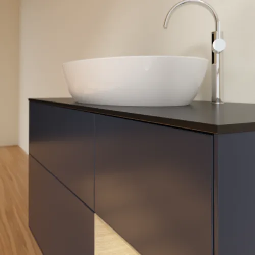Bild von VILLEROY BOCH Finion Waschbeckenunterschrank, mit Beleuchtung, 3 Auszüge, 1200 x 603 x 501 mm, Midnight Blue Matt Lacquer / Oak Veneer / Glass Black Matt #F952PCHG