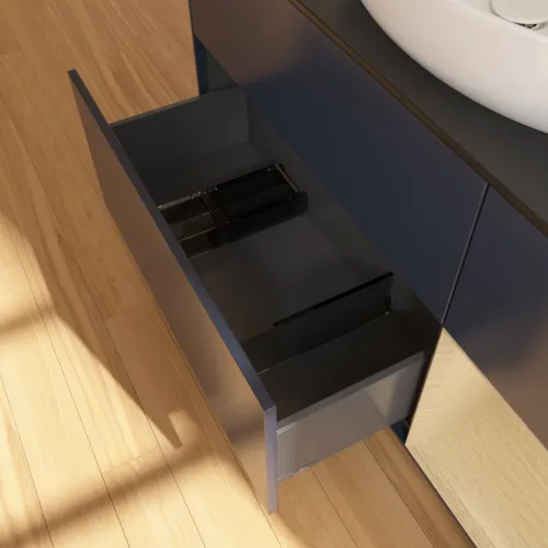 Bild von VILLEROY BOCH Finion Waschbeckenunterschrank, mit Beleuchtung, 3 Auszüge, 1200 x 603 x 501 mm, Midnight Blue Matt Lacquer / Oak Veneer / Glass Black Matt #F952PCHG