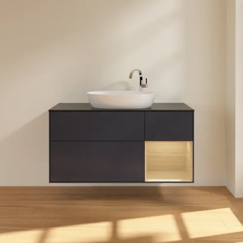 Bild von VILLEROY BOCH Finion Waschbeckenunterschrank, mit Beleuchtung, 3 Auszüge, 1200 x 603 x 501 mm, Midnight Blue Matt Lacquer / Oak Veneer / Glass Black Matt #F952PCHG