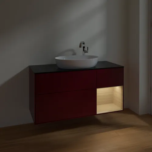 Bild von VILLEROY BOCH Finion Waschbeckenunterschrank, mit Beleuchtung, 3 Auszüge, 1200 x 603 x 501 mm, Peony Matt Lacquer / Oak Veneer / Glass Black Matt #F952PCHB