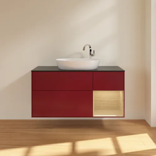 Bild von VILLEROY BOCH Finion Waschbeckenunterschrank, mit Beleuchtung, 3 Auszüge, 1200 x 603 x 501 mm, Peony Matt Lacquer / Oak Veneer / Glass Black Matt #F952PCHB