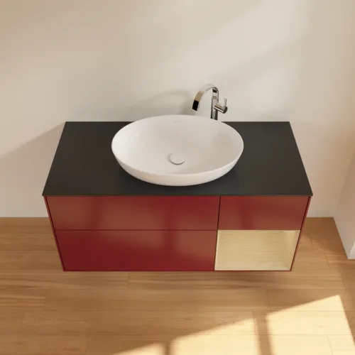 Bild von VILLEROY BOCH Finion Waschbeckenunterschrank, mit Beleuchtung, 3 Auszüge, 1200 x 603 x 501 mm, Peony Matt Lacquer / Oak Veneer / Glass Black Matt #F952PCHB