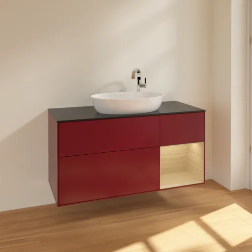 Bild von VILLEROY BOCH Finion Waschbeckenunterschrank, mit Beleuchtung, 3 Auszüge, 1200 x 603 x 501 mm, Peony Matt Lacquer / Oak Veneer / Glass Black Matt #F952PCHB
