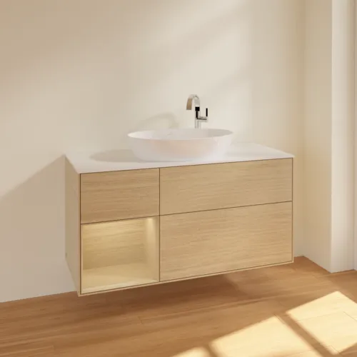 VILLEROY BOCH Finion Waschbeckenunterschrank, mit Beleuchtung, 3 Auszüge, 1200 x 603 x 501 mm, Oak Veneer / Oak Veneer / Glass White Matt #F941PCPC, Bild 2