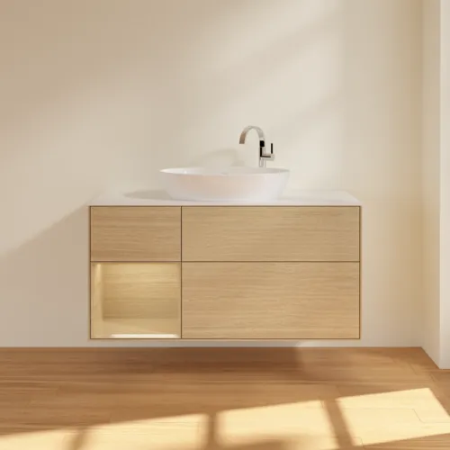 VILLEROY BOCH Finion Waschbeckenunterschrank, mit Beleuchtung, 3 Auszüge, 1200 x 603 x 501 mm, Oak Veneer / Oak Veneer / Glass White Matt #F941PCPC, Bild 3