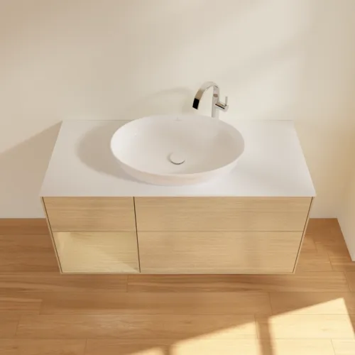 VILLEROY BOCH Finion Waschbeckenunterschrank, mit Beleuchtung, 3 Auszüge, 1200 x 603 x 501 mm, Oak Veneer / Oak Veneer / Glass White Matt #F941PCPC, Bild 4