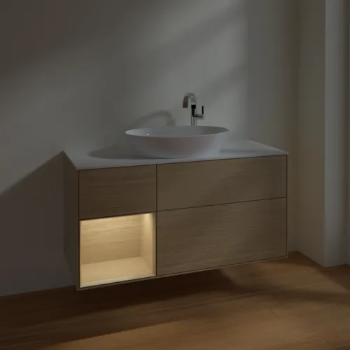 VILLEROY BOCH Finion Waschbeckenunterschrank, mit Beleuchtung, 3 Auszüge, 1200 x 603 x 501 mm, Oak Veneer / Oak Veneer / Glass White Matt #F941PCPC, Bild 5