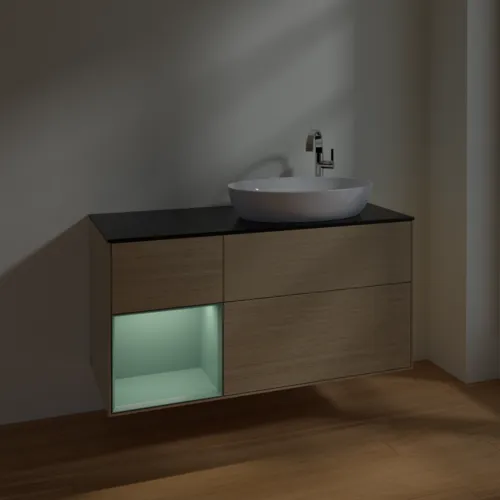 Picture of VILLEROY BOCH Finion Vanity unit, with lighting, 3 pull-out compartments, 1200 x 603 x 501 mm, Oak Veneer / Olive Matt Lacquer / Glass Black Matt #F922GMPC