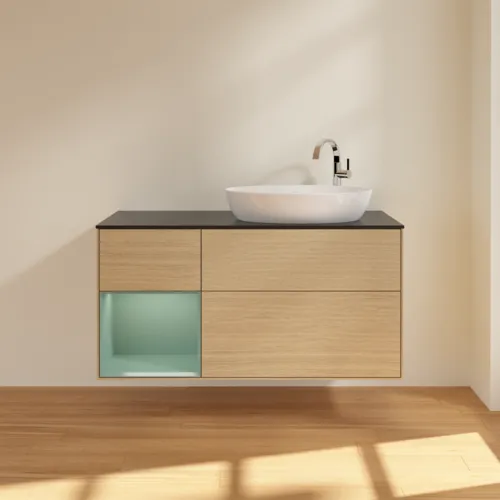Picture of VILLEROY BOCH Finion Vanity unit, with lighting, 3 pull-out compartments, 1200 x 603 x 501 mm, Oak Veneer / Olive Matt Lacquer / Glass Black Matt #F922GMPC