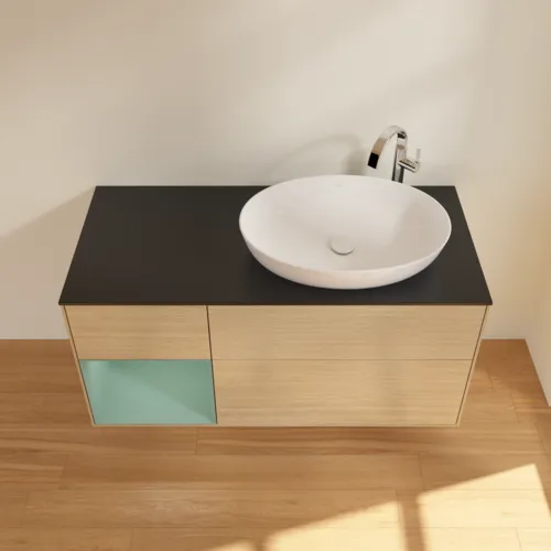 Picture of VILLEROY BOCH Finion Vanity unit, with lighting, 3 pull-out compartments, 1200 x 603 x 501 mm, Oak Veneer / Olive Matt Lacquer / Glass Black Matt #F922GMPC