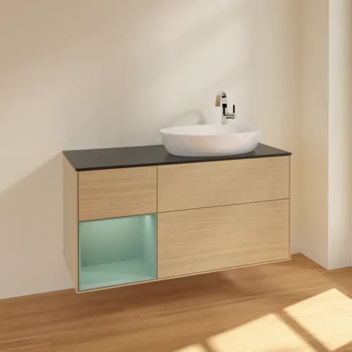 Picture of VILLEROY BOCH Finion Vanity unit, with lighting, 3 pull-out compartments, 1200 x 603 x 501 mm, Oak Veneer / Olive Matt Lacquer / Glass Black Matt #F922GMPC