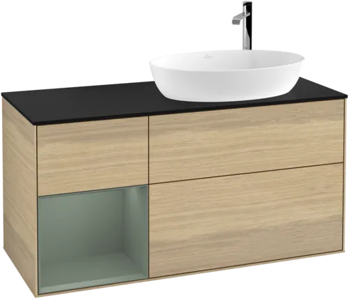 Picture of VILLEROY BOCH Finion Vanity unit, with lighting, 3 pull-out compartments, 1200 x 603 x 501 mm, Oak Veneer / Olive Matt Lacquer / Glass Black Matt #F922GMPC