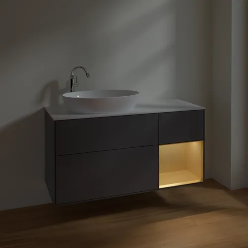 Bild von VILLEROY BOCH Finion Waschbeckenunterschrank, mit Beleuchtung, 3 Auszüge, 1200 x 603 x 501 mm, Anthracite Matt Lacquer / Gold Matt Lacquer / Glass White Matt #F931HFGK