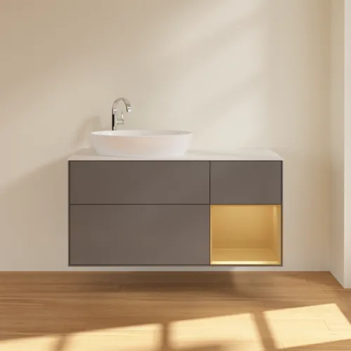 Bild von VILLEROY BOCH Finion Waschbeckenunterschrank, mit Beleuchtung, 3 Auszüge, 1200 x 603 x 501 mm, Anthracite Matt Lacquer / Gold Matt Lacquer / Glass White Matt #F931HFGK