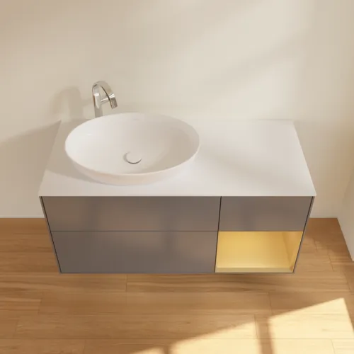 Bild von VILLEROY BOCH Finion Waschbeckenunterschrank, mit Beleuchtung, 3 Auszüge, 1200 x 603 x 501 mm, Anthracite Matt Lacquer / Gold Matt Lacquer / Glass White Matt #F931HFGK