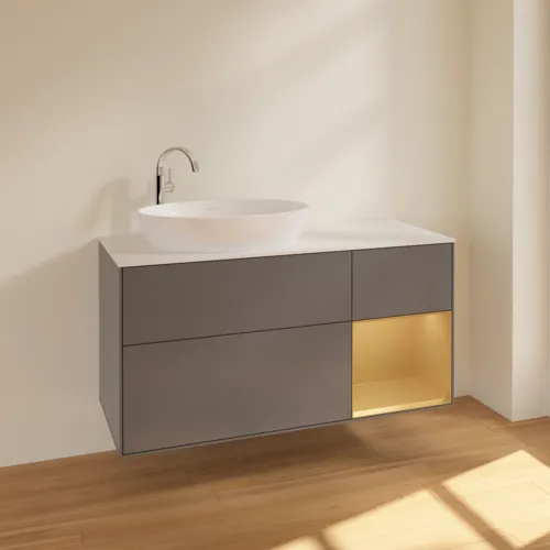 Bild von VILLEROY BOCH Finion Waschbeckenunterschrank, mit Beleuchtung, 3 Auszüge, 1200 x 603 x 501 mm, Anthracite Matt Lacquer / Gold Matt Lacquer / Glass White Matt #F931HFGK