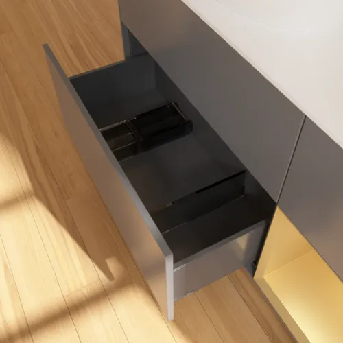 Bild von VILLEROY BOCH Finion Waschbeckenunterschrank, mit Beleuchtung, 3 Auszüge, 1200 x 603 x 501 mm, Anthracite Matt Lacquer / Gold Matt Lacquer / Glass White Matt #F931HFGK