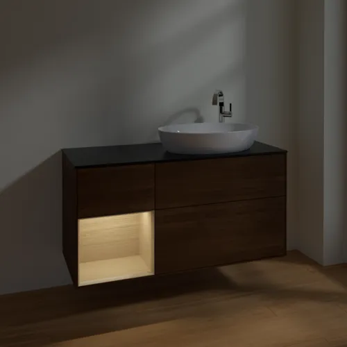 Bild von VILLEROY BOCH Finion Waschbeckenunterschrank, mit Beleuchtung, 3 Auszüge, 1200 x 603 x 501 mm, Walnut Veneer / Oak Veneer / Glass Black Matt #F922PCGN