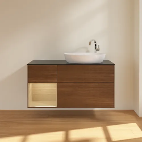 Bild von VILLEROY BOCH Finion Waschbeckenunterschrank, mit Beleuchtung, 3 Auszüge, 1200 x 603 x 501 mm, Walnut Veneer / Oak Veneer / Glass Black Matt #F922PCGN