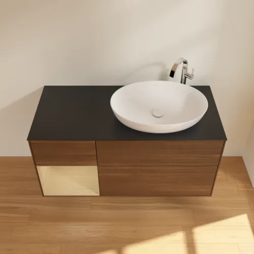 Bild von VILLEROY BOCH Finion Waschbeckenunterschrank, mit Beleuchtung, 3 Auszüge, 1200 x 603 x 501 mm, Walnut Veneer / Oak Veneer / Glass Black Matt #F922PCGN