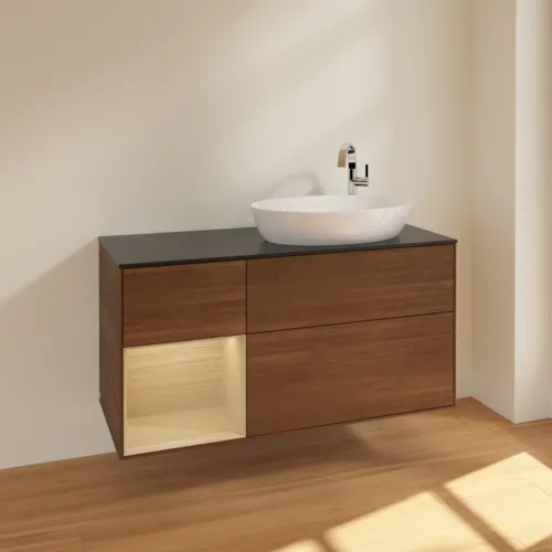 Bild von VILLEROY BOCH Finion Waschbeckenunterschrank, mit Beleuchtung, 3 Auszüge, 1200 x 603 x 501 mm, Walnut Veneer / Oak Veneer / Glass Black Matt #F922PCGN