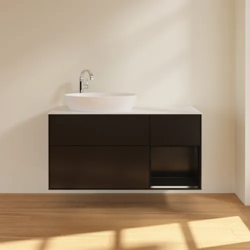 Bild von VILLEROY BOCH Finion Waschbeckenunterschrank, mit Beleuchtung, 3 Auszüge, 1200 x 603 x 501 mm, Black Matt Lacquer / Black Matt Lacquer / Glass White Matt #F931PDPD