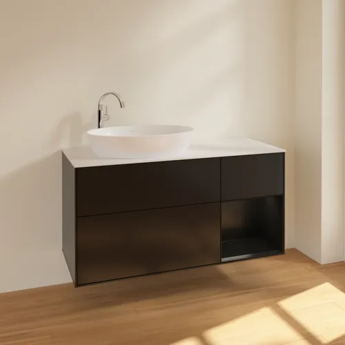 Bild von VILLEROY BOCH Finion Waschbeckenunterschrank, mit Beleuchtung, 3 Auszüge, 1200 x 603 x 501 mm, Black Matt Lacquer / Black Matt Lacquer / Glass White Matt #F931PDPD