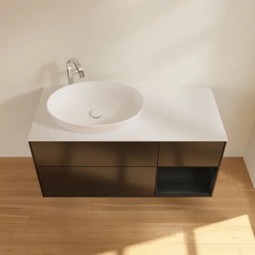 Bild von VILLEROY BOCH Finion Waschbeckenunterschrank, mit Beleuchtung, 3 Auszüge, 1200 x 603 x 501 mm, Black Matt Lacquer / Black Matt Lacquer / Glass White Matt #F931PDPD